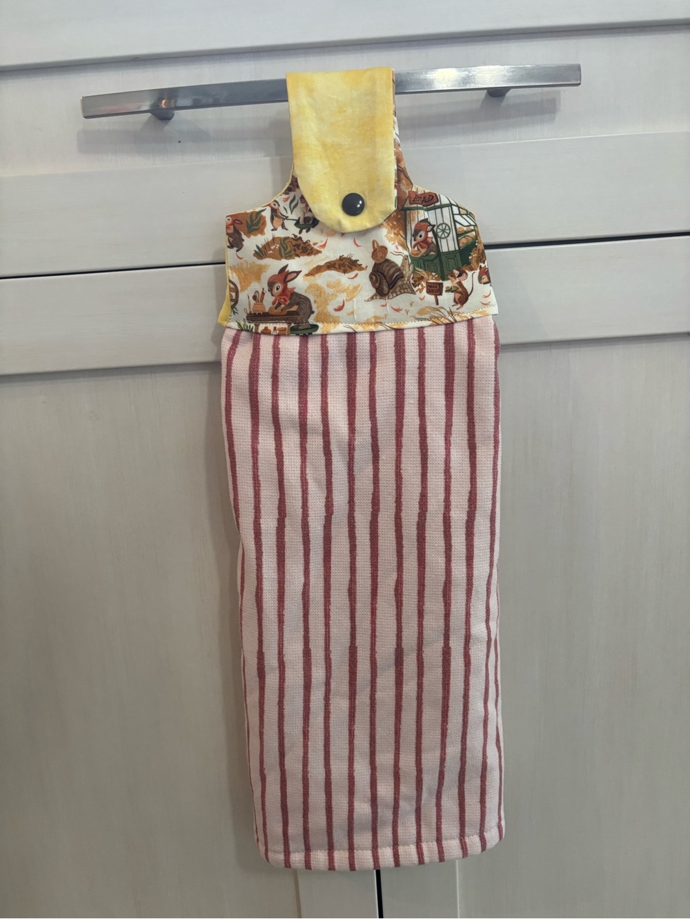 Striped Pink Hanging Kitchen Towel with Yellow Top style #2